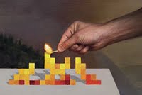 detail of match painting by kristoffer zetterstrand, hand holding a match and lighting a pixelated fire