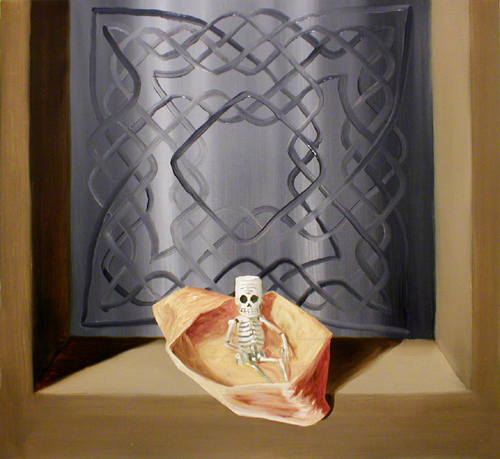  mortal coil. painting by Kristoffer Zetterstrand.the little skeleton from grim fandango that says nice suit.