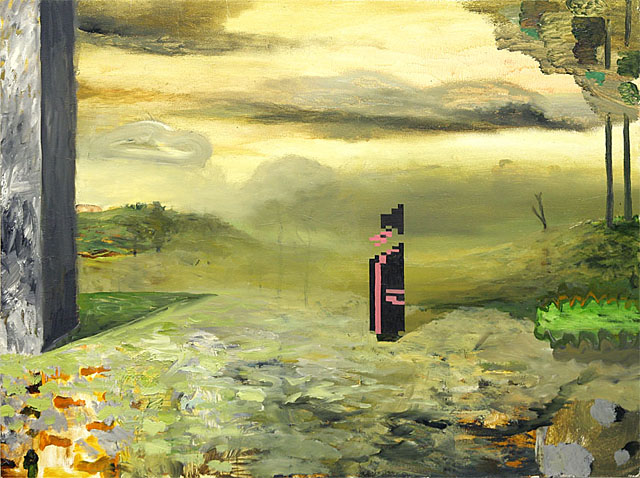 Elegy. painting by Kristoffer Zetterstrand. the pixelated character contemplating
