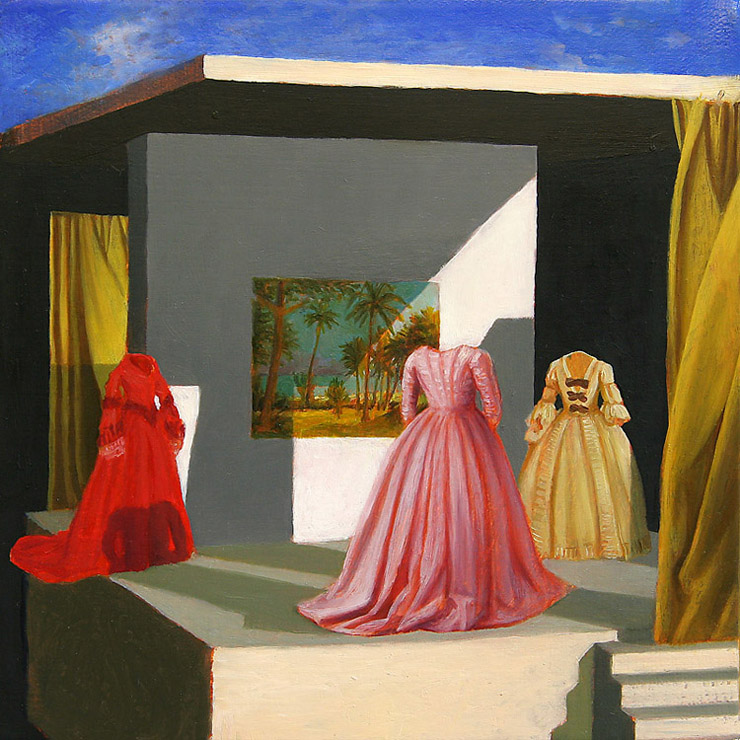 Dresses, oil miniature painting. three ancient dresses in a room