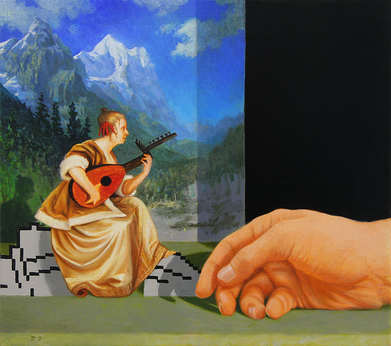Luteplayer. lute player playing for a resting hand. painting by zetterstrand