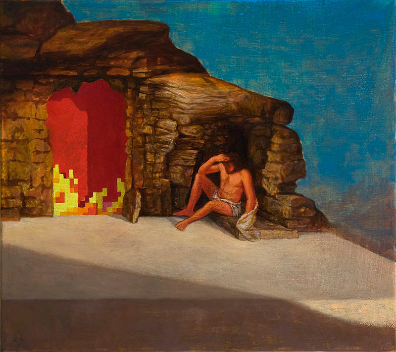 The gate, worried man from bellini outside the burning opening to a cave, pixel fire, painting by Kristoffer Zetterstrand.